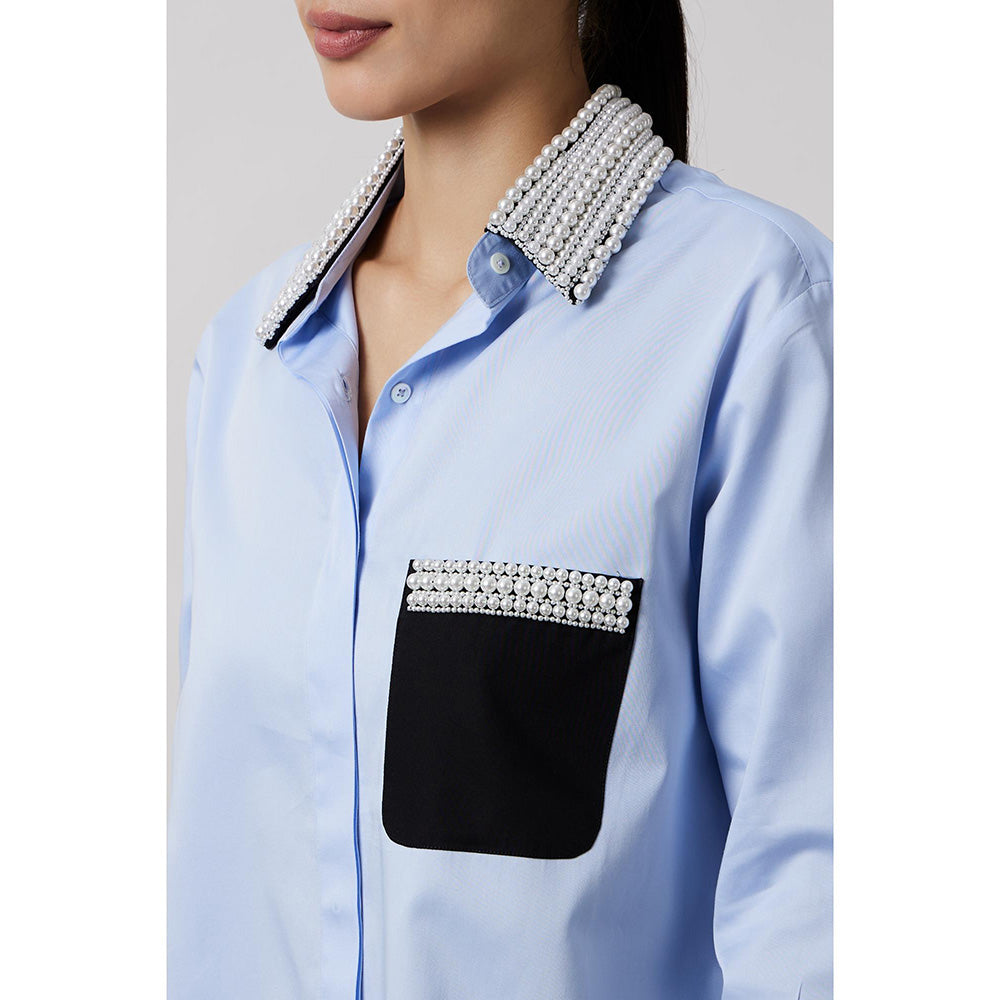 Pallavi Swadi Sky Blue Pearl Collar Pocket Shirt