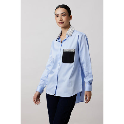 Pallavi Swadi Sky Blue Pearl Collar Pocket Shirt