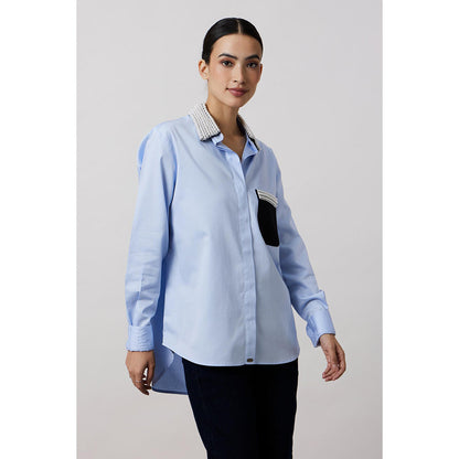 Pallavi Swadi Sky Blue Pearl Collar Pocket Shirt