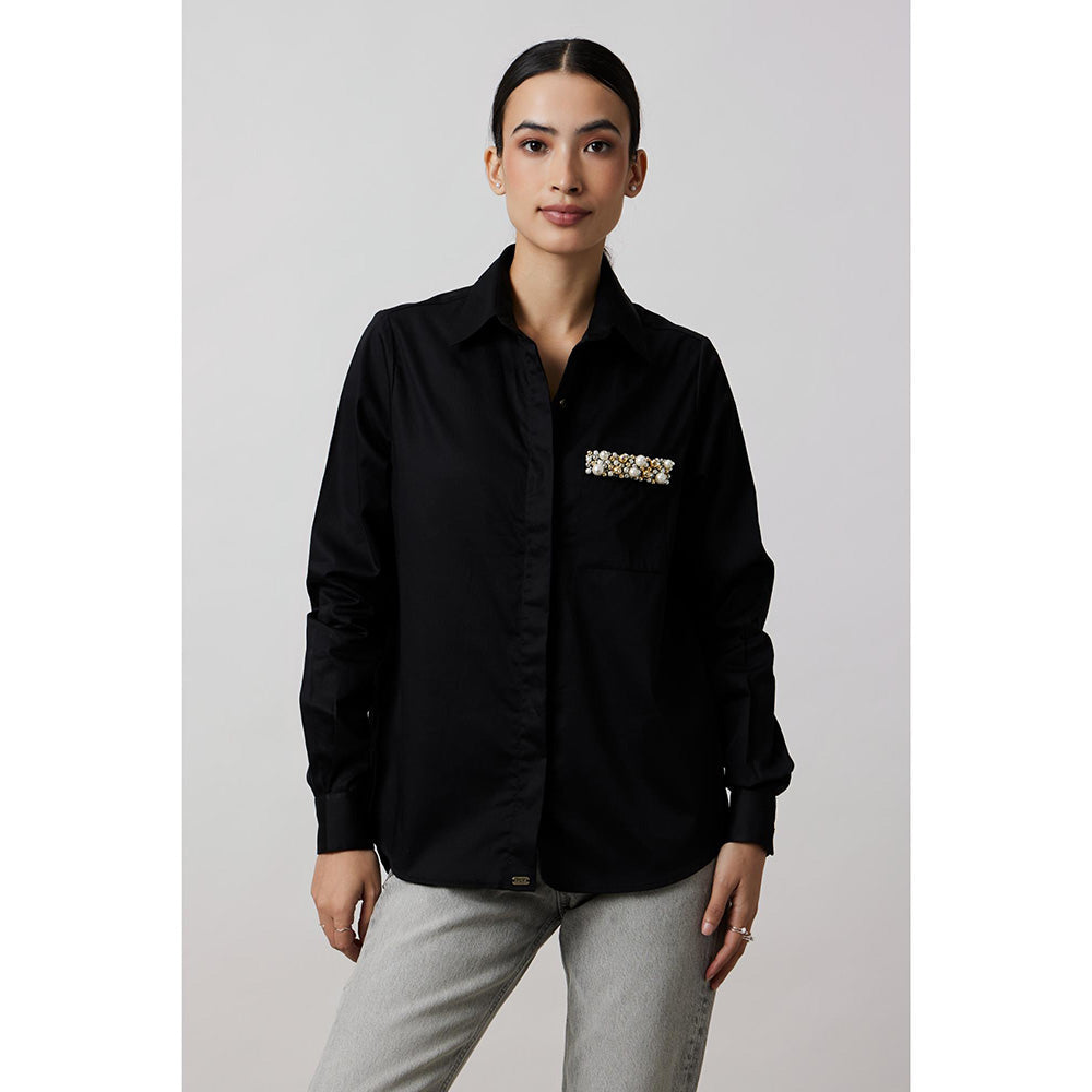 Pallavi Swadi Black Pearl Strip Pocket Shirt
