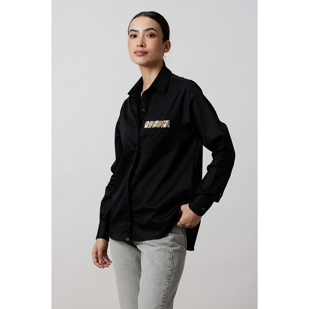 Pallavi Swadi Black Pearl Strip Pocket Shirt