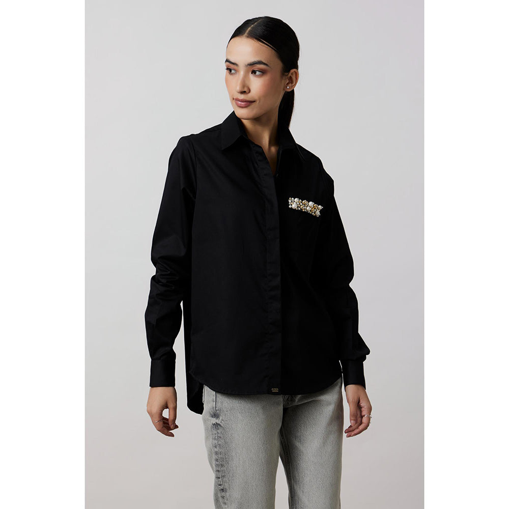 Pallavi Swadi Black Pearl Strip Pocket Shirt