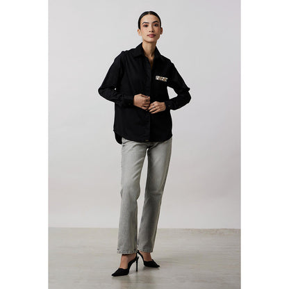 Pallavi Swadi Black Pearl Strip Pocket Shirt