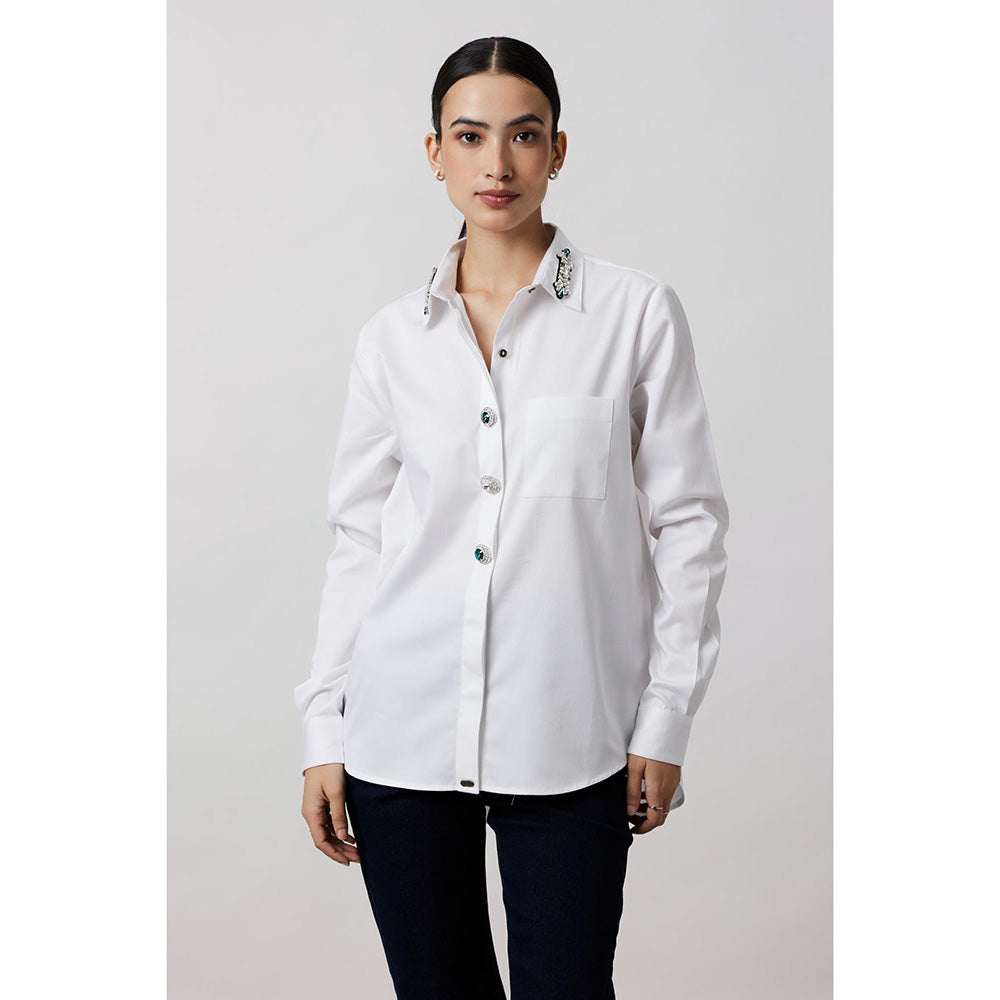 Pallavi Swadi White Emerald Swarovski Button Shirt