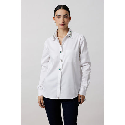 Pallavi Swadi White Emerald Swarovski Button Shirt