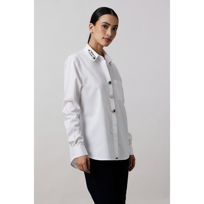Pallavi Swadi White Emerald Swarovski Button Shirt