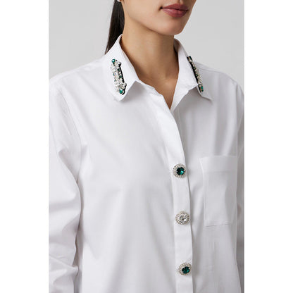 Pallavi Swadi White Emerald Swarovski Button Shirt