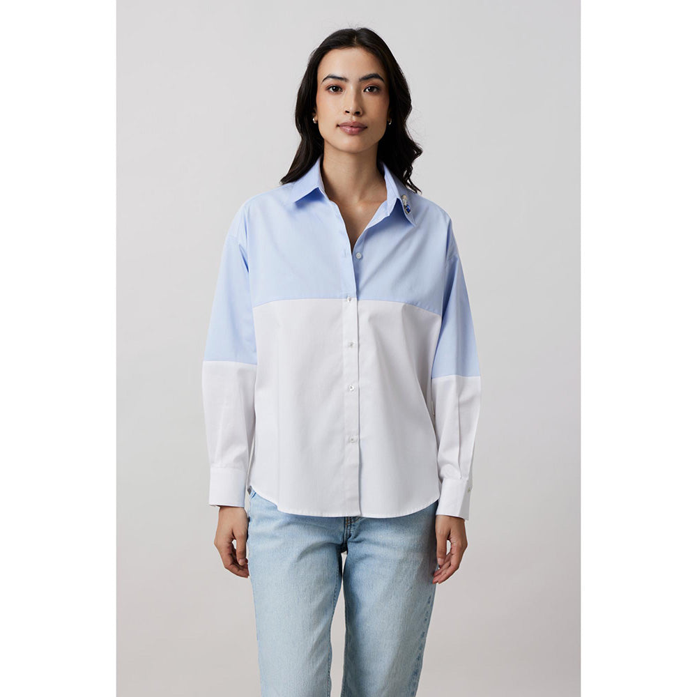 Pallavi Swadi Sky Blue Block Shirt with Swarovski Collar