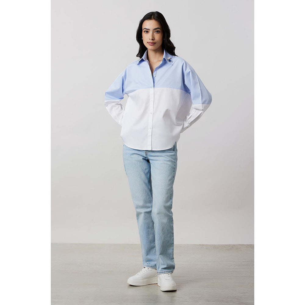 Pallavi Swadi Sky Blue Block Shirt with Swarovski Collar