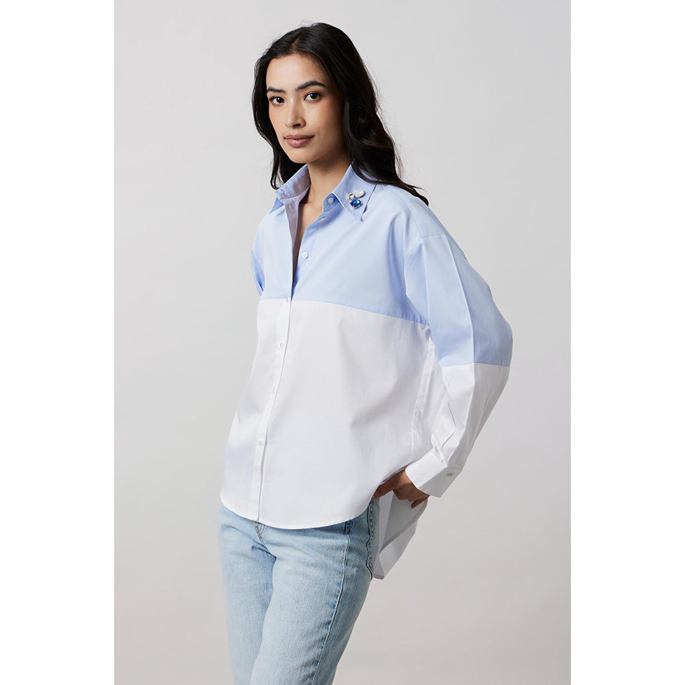 Pallavi Swadi Sky Blue Block Shirt with Swarovski Collar