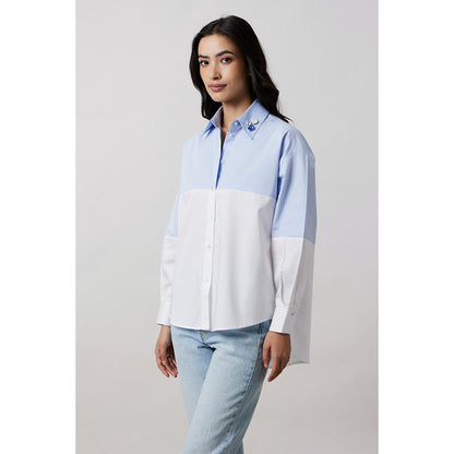 Pallavi Swadi Sky Blue Block Shirt with Swarovski Collar