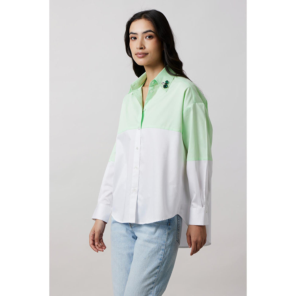 Pallavi Swadi Lime Green Block Shirt with Swarovski Collar