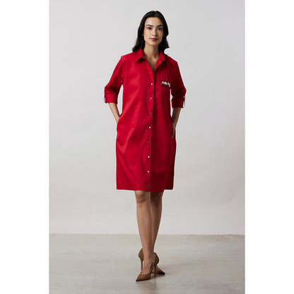 Pallavi Swadi Red Pocket Swarovski Shirt Dress