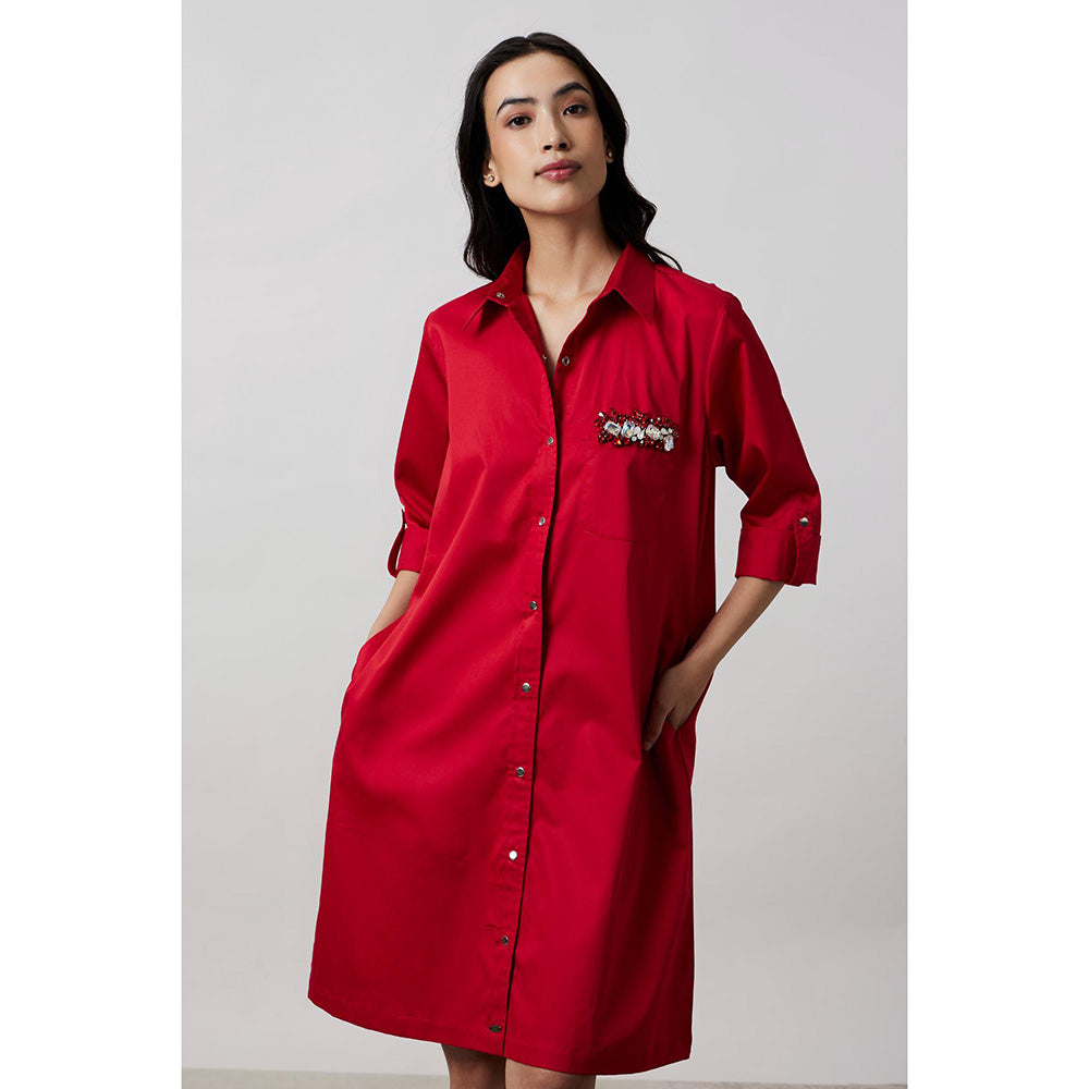 Pallavi Swadi Red Pocket Swarovski Shirt Dress