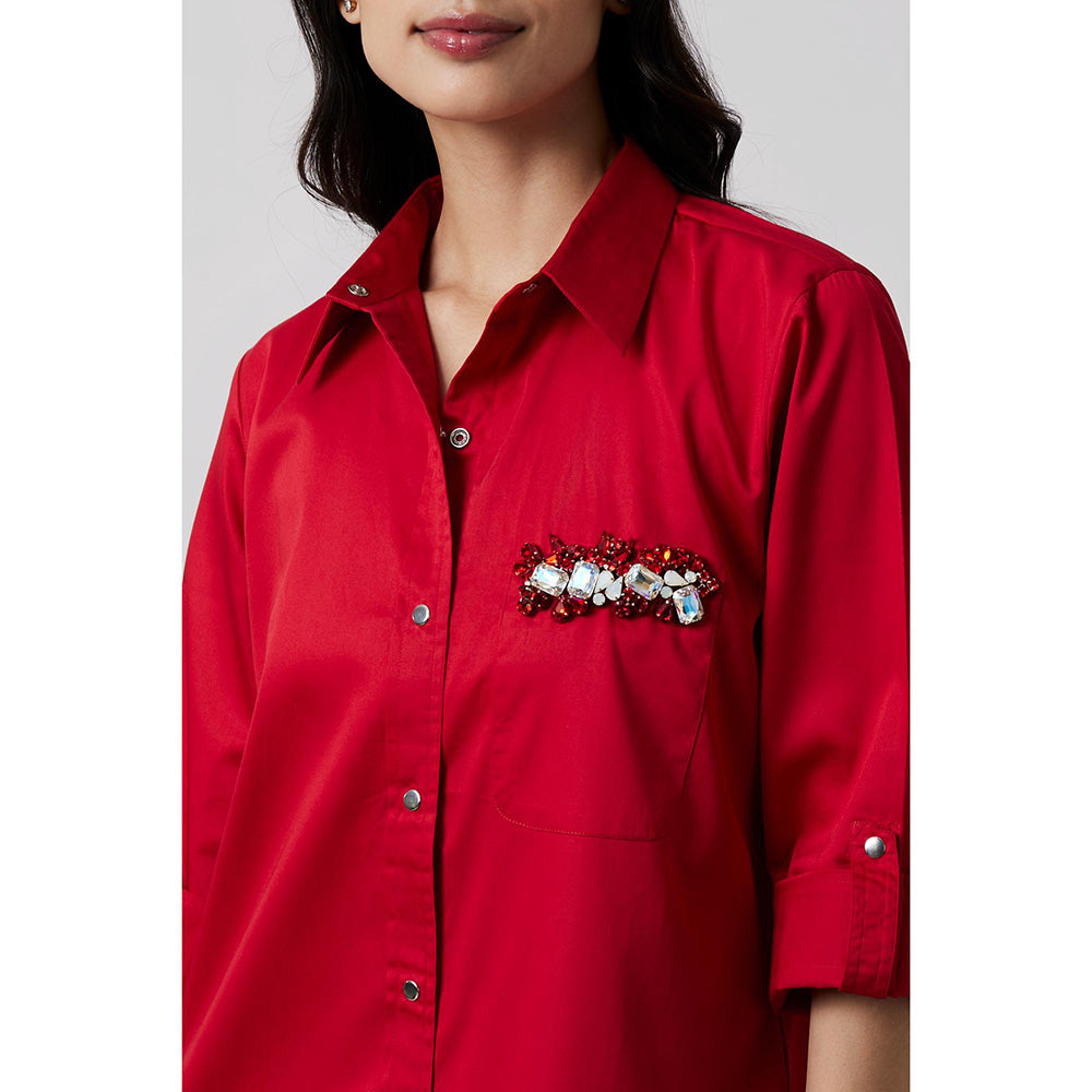Pallavi Swadi Red Pocket Swarovski Shirt Dress