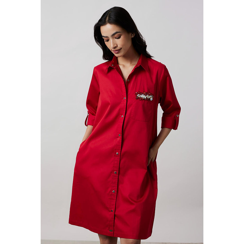 Pallavi Swadi Red Pocket Swarovski Shirt Dress