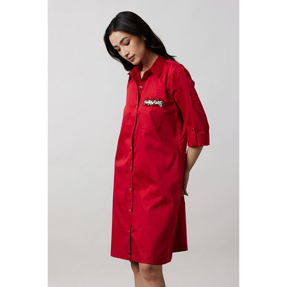 Pallavi Swadi Red Pocket Swarovski Shirt Dress