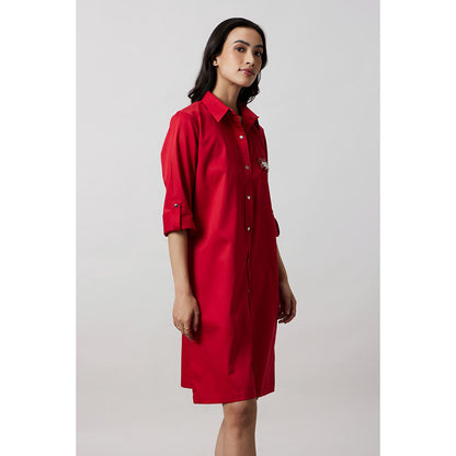 Pallavi Swadi Red Pocket Swarovski Shirt Dress