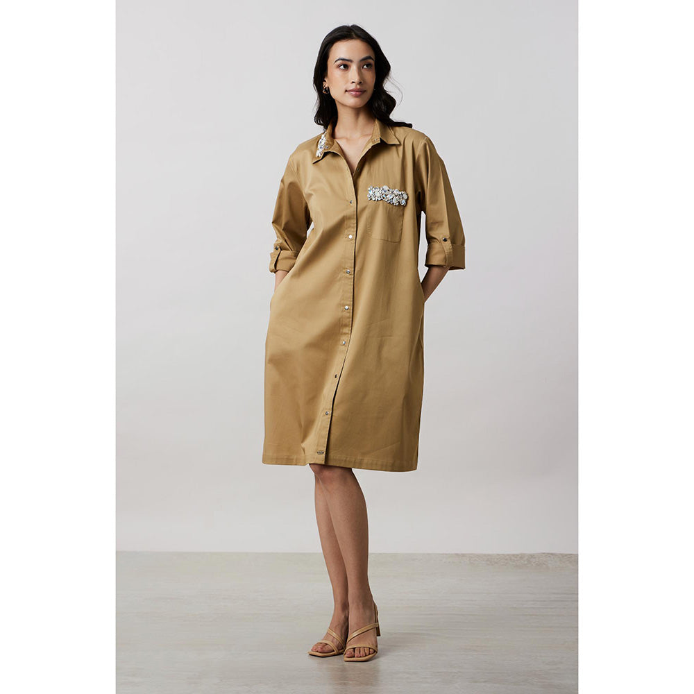 Pallavi Swadi Sand Collar Pocket Swarovski Khaki Shirt Dress