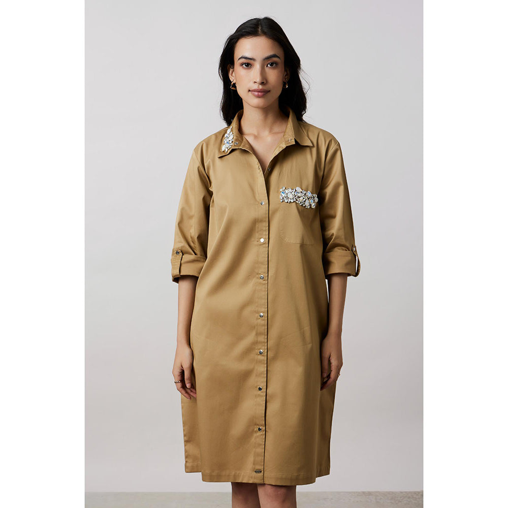 Pallavi Swadi Sand Collar Pocket Swarovski Khaki Shirt Dress