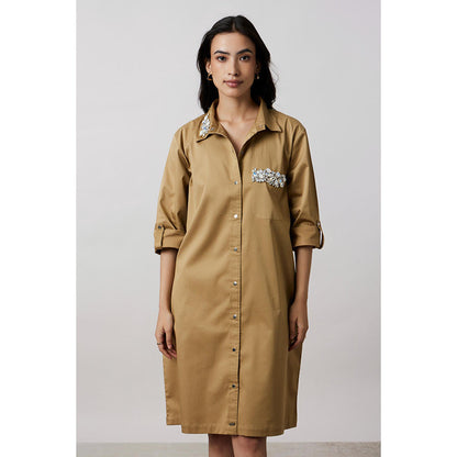 Pallavi Swadi Sand Collar Pocket Swarovski Khaki Shirt Dress