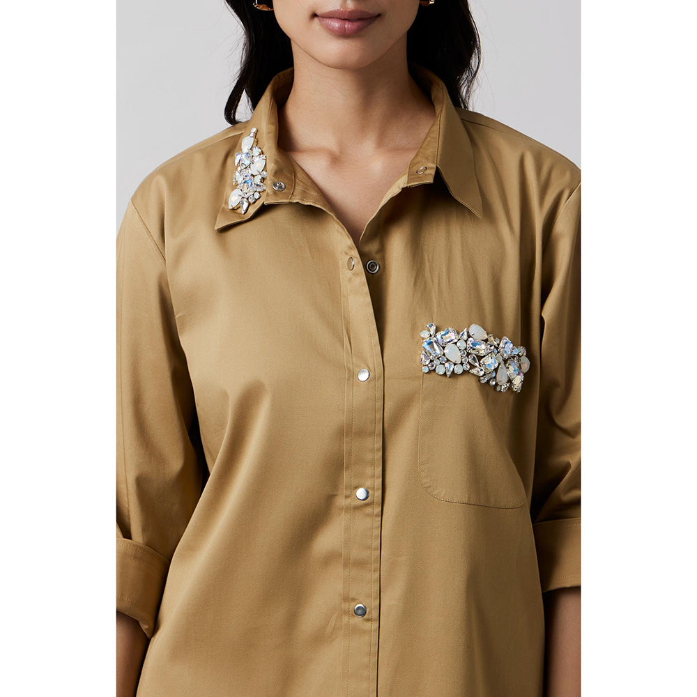 Pallavi Swadi Sand Collar Pocket Swarovski Khaki Shirt Dress