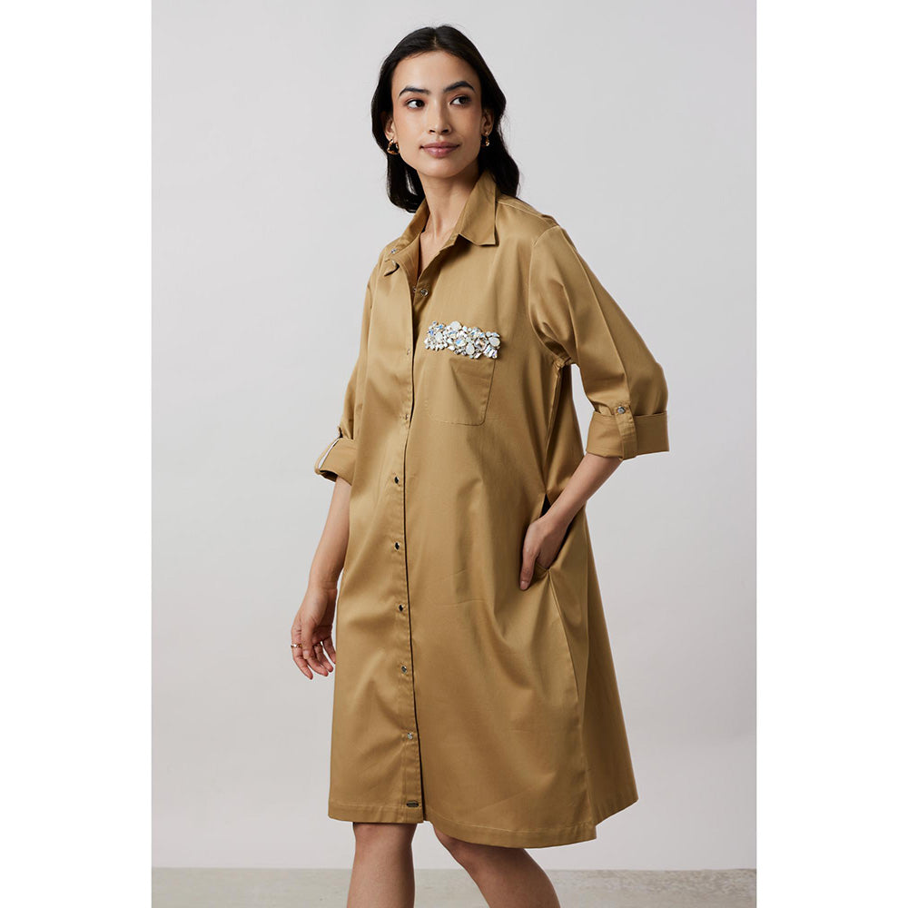 Pallavi Swadi Sand Collar Pocket Swarovski Khaki Shirt Dress