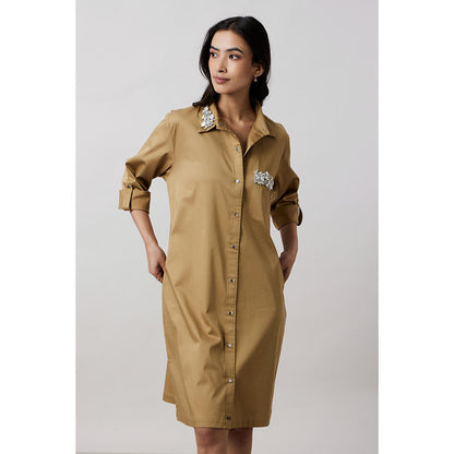 Pallavi Swadi Sand Collar Pocket Swarovski Khaki Shirt Dress