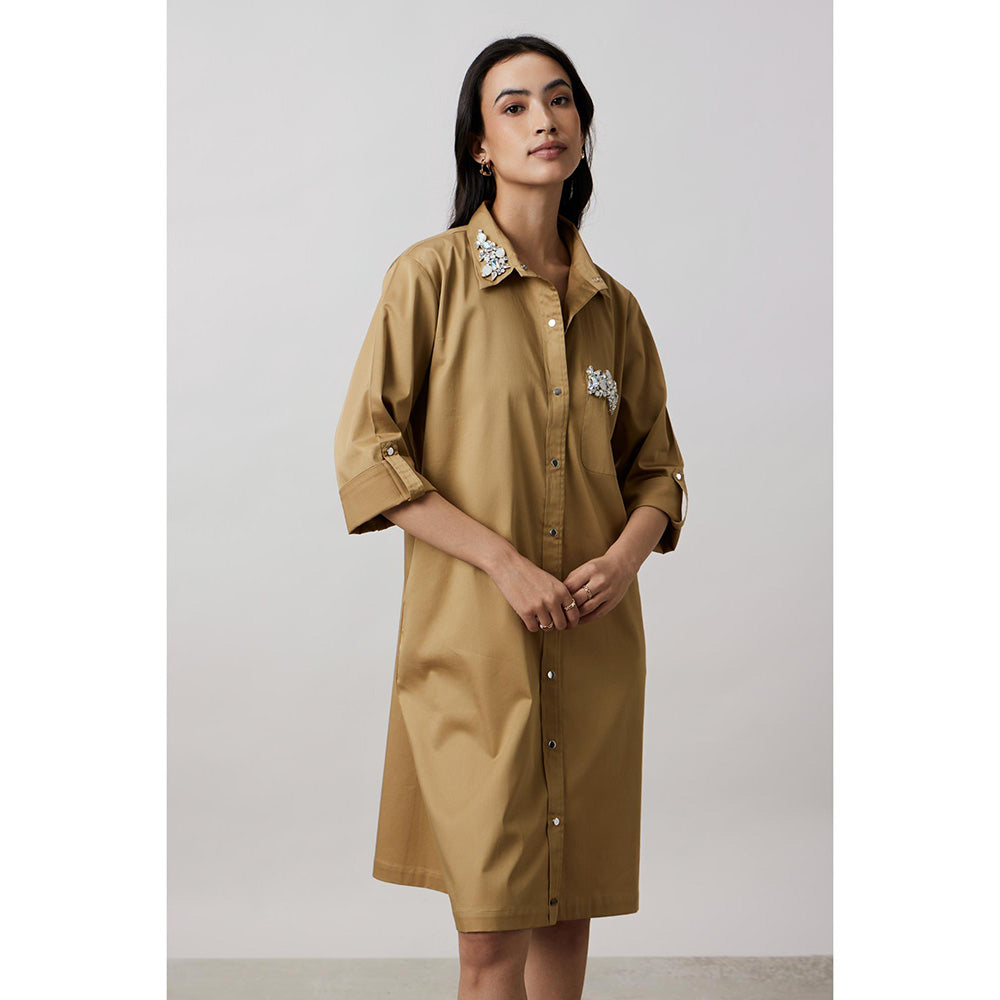Pallavi Swadi Sand Collar Pocket Swarovski Khaki Shirt Dress