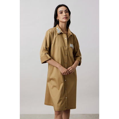 Pallavi Swadi Sand Collar Pocket Swarovski Khaki Shirt Dress