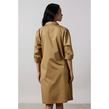 Pallavi Swadi Sand Collar Pocket Swarovski Khaki Shirt Dress