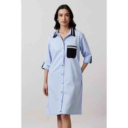 Pallavi Swadi Sky Blue Pearl Collar Pocket Shirt Dress