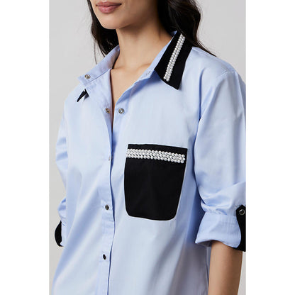 Pallavi Swadi Sky Blue Pearl Collar Pocket Shirt Dress