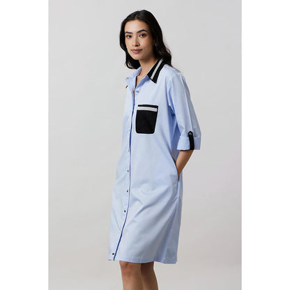 Pallavi Swadi Sky Blue Pearl Collar Pocket Shirt Dress