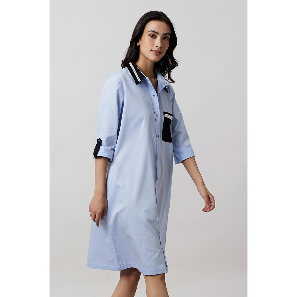 Pallavi Swadi Sky Blue Pearl Collar Pocket Shirt Dress