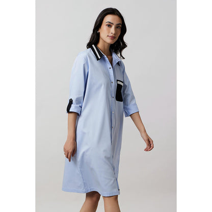 Pallavi Swadi Sky Blue Pearl Collar Pocket Shirt Dress