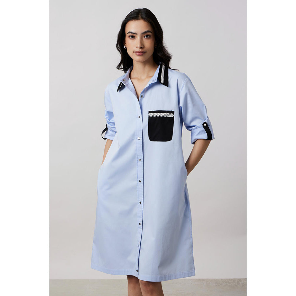 Pallavi Swadi Sky Blue Pearl Collar Pocket Shirt Dress