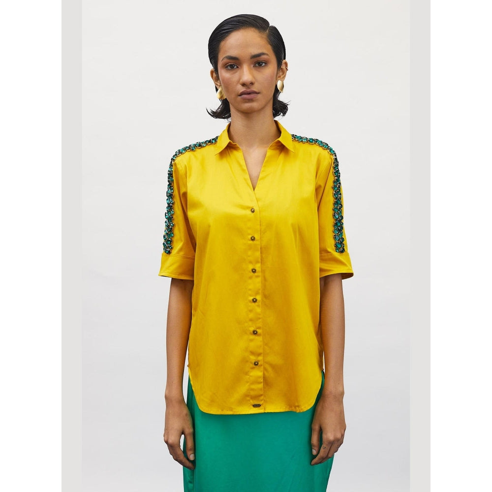 Pallavi Swadi Canary Yellow Emerald Swarovski Ribbon Shirt