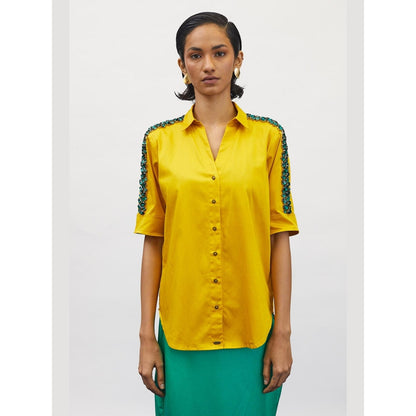 Pallavi Swadi Canary Yellow Emerald Swarovski Ribbon Shirt