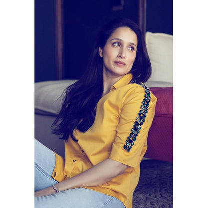 Pallavi Swadi Canary Yellow Emerald Swarovski Ribbon Shirt