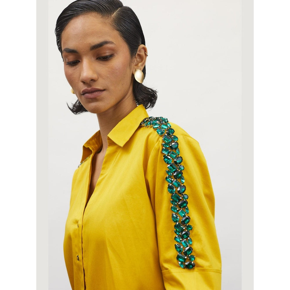 Pallavi Swadi Canary Yellow Emerald Swarovski Ribbon Shirt