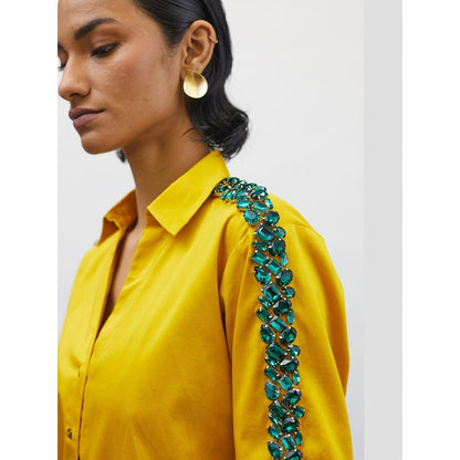 Pallavi Swadi Canary Yellow Emerald Swarovski Ribbon Shirt