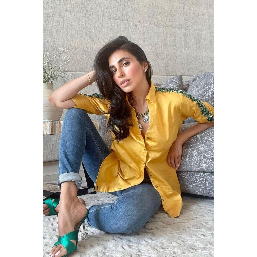Pallavi Swadi Canary Yellow Emerald Swarovski Ribbon Shirt