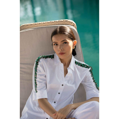 Pallavi Swadi White Swarovski Emerald Ribbon Shirt