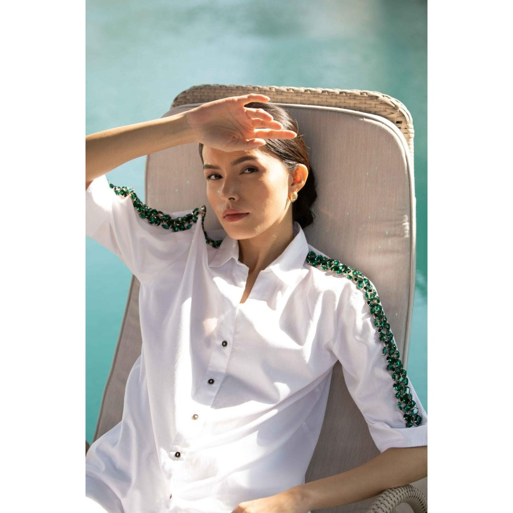Pallavi Swadi White Swarovski Emerald Ribbon Shirt