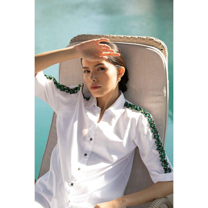 Pallavi Swadi White Swarovski Emerald Ribbon Shirt