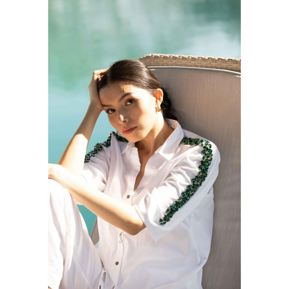 Pallavi Swadi White Swarovski Emerald Ribbon Shirt