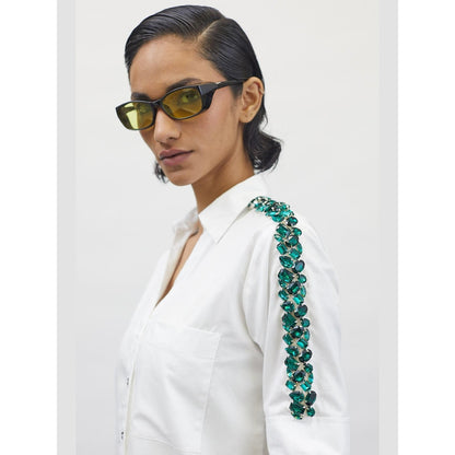 Pallavi Swadi White Swarovski Emerald Ribbon Shirt