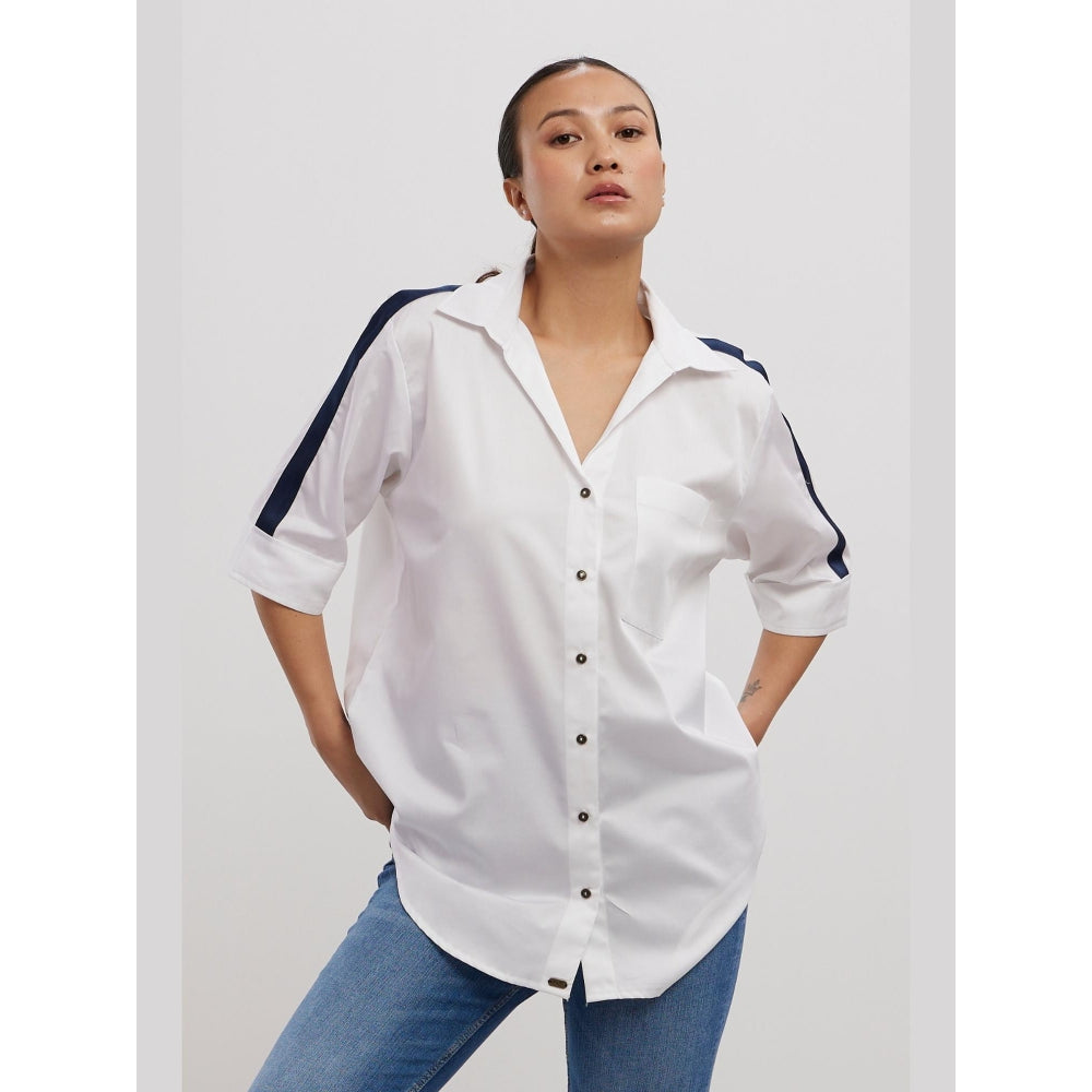 Pallavi Swadi White Navy Ribbon Shirt