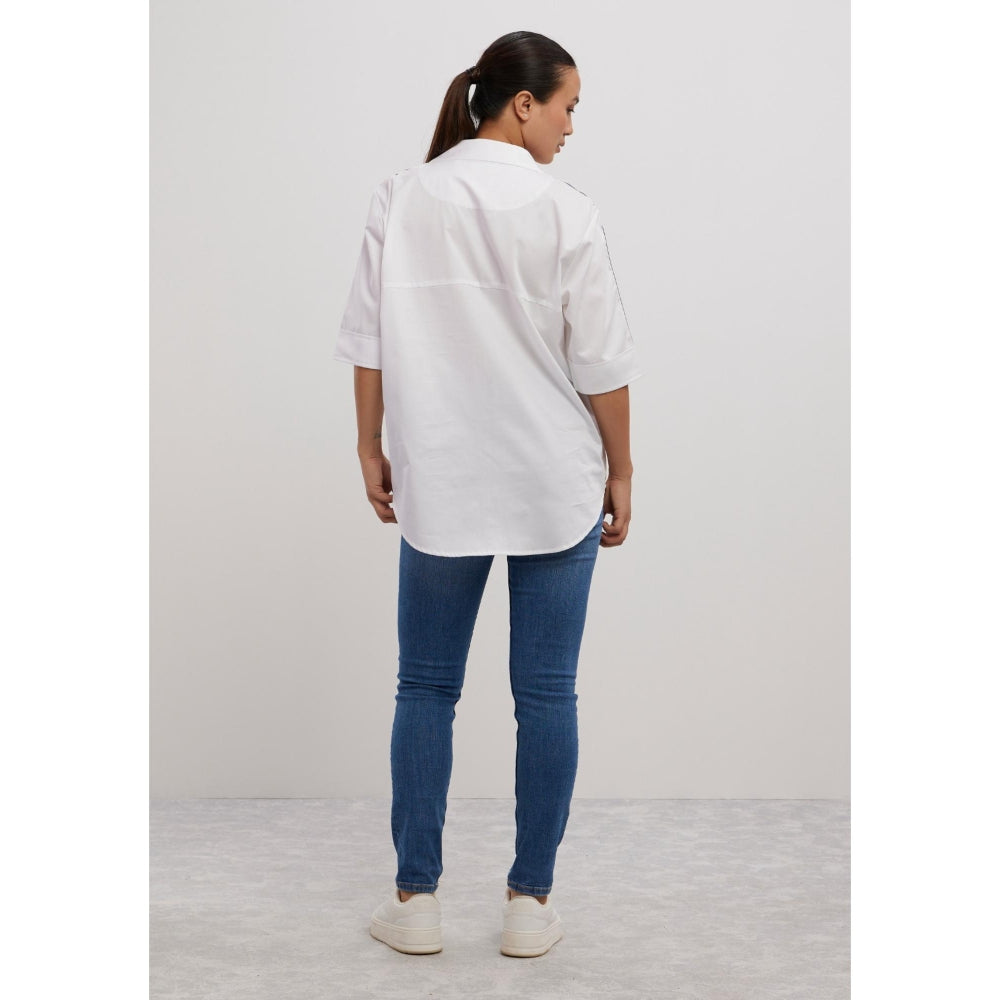 Pallavi Swadi White Navy Ribbon Shirt